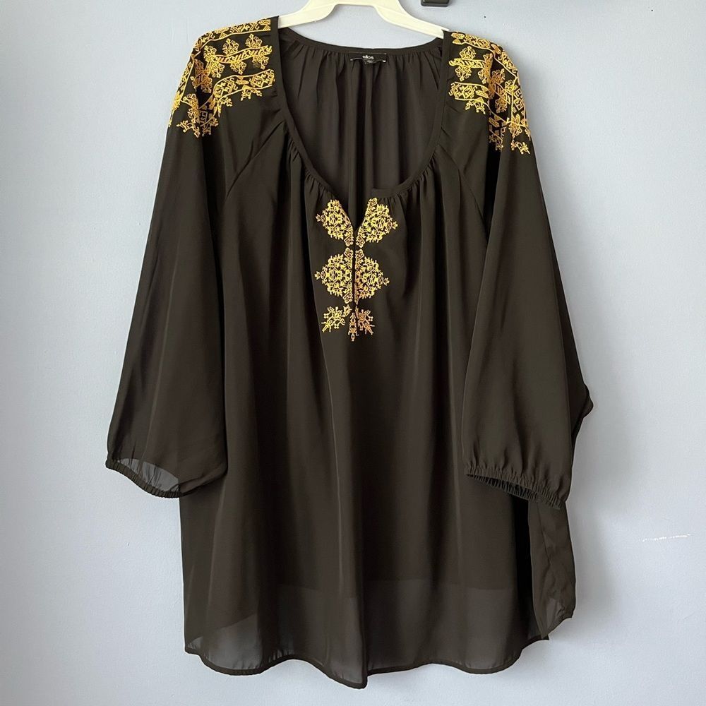 Ellos Black Golden Embroidered Semi Sheer Elastic Cuffs Split Neck Blouse